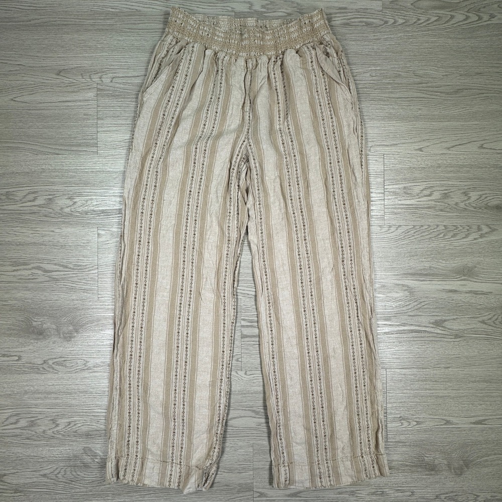 Briggs Womens Pants Linen Blend Striped Wide Leg Smocked Waist Beige Size Medium